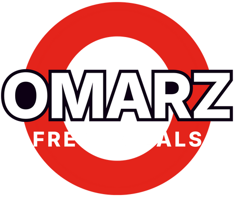 Logo with 'OMARZ FRESH MEALS' text inside a red circle on a white background